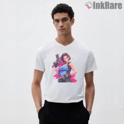 Resident Evil Jill Valentine Bold Neon Action Shirt on white v-neck shirt for men graphic tee
