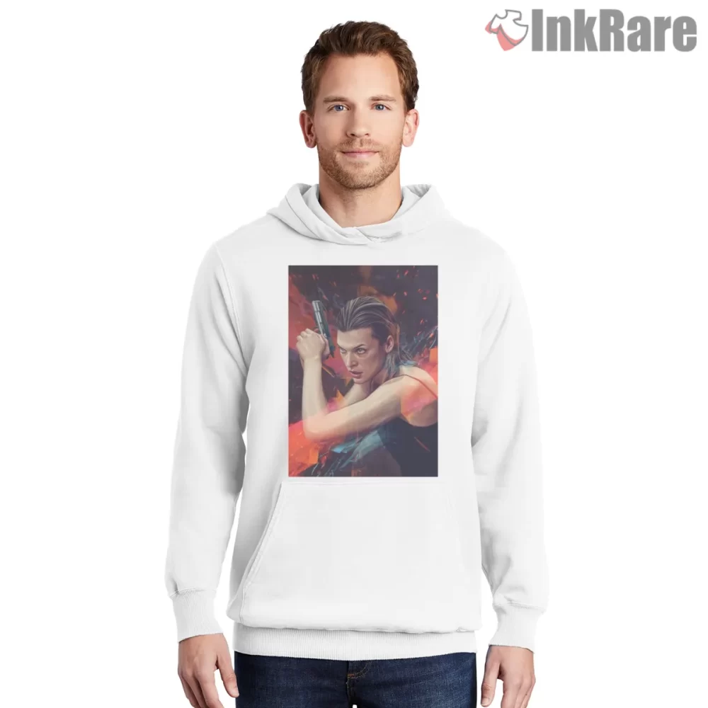 Resident Evil Jill Valentine Cinematic Action Shirt on white hoodie for men graphic tee