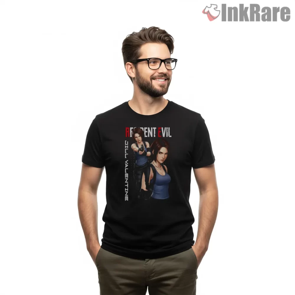 Resident Evil Jill Valentine Dual Pose Fan Art Shirt on black short sleeve shirt for men graphic tee