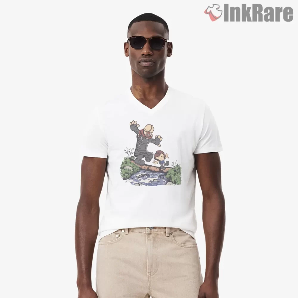 Resident Evil Jill Valentine Escaping Nemesis Shirt on white v-neck shirt for men graphic tee