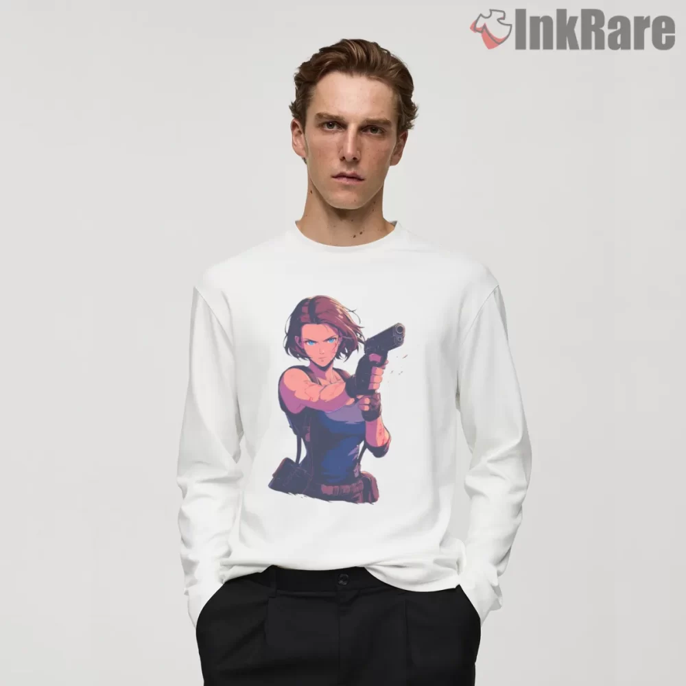 Resident Evil Jill Valentine Gun Ready Portrait Shirt on white long sleeve shirt for men graphic tee