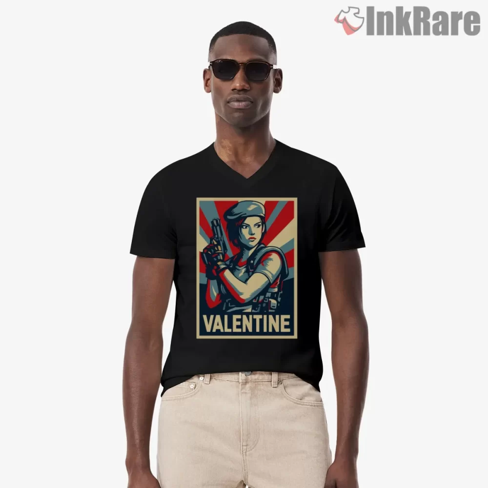 Resident Evil Jill Valentine Hope Poster Shirt on black v-neck shirt for men graphic tee