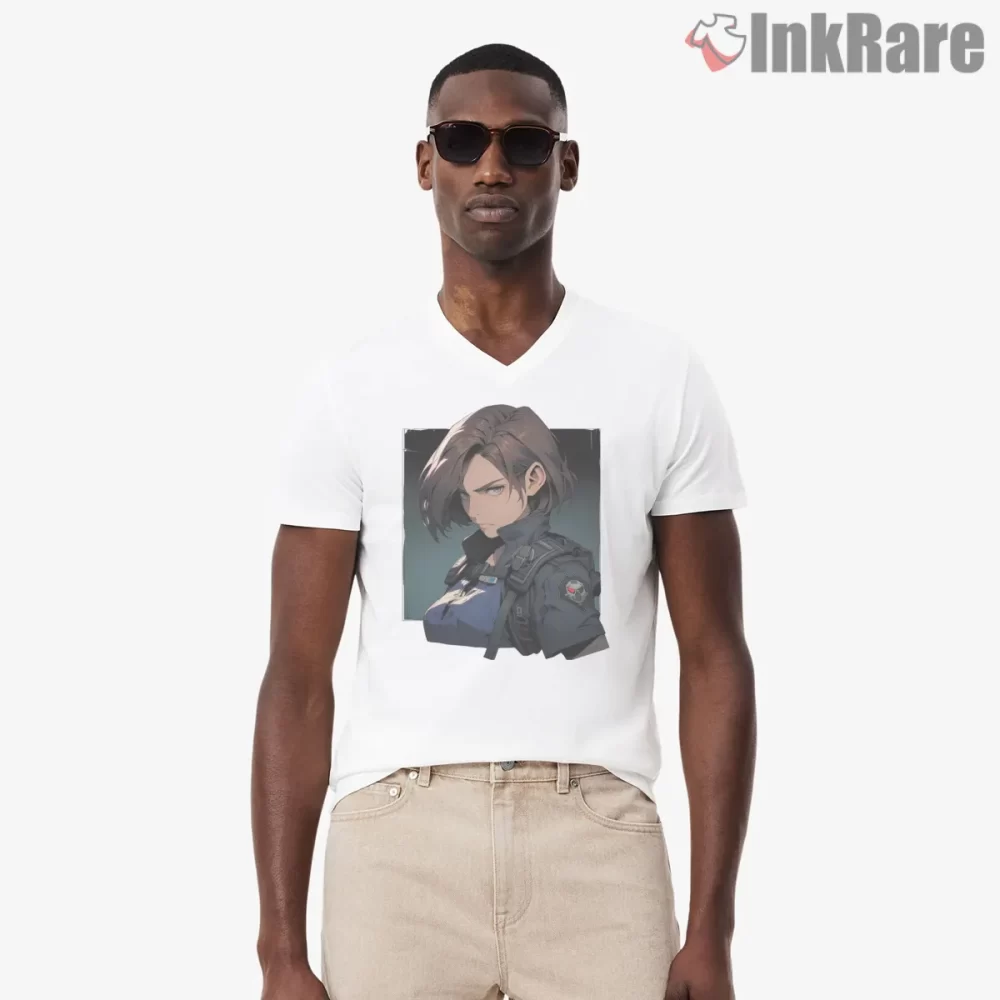 Resident Evil Jill Valentine Modern Tactical Portrait Shirt on white v-neck shirt for men graphic tee