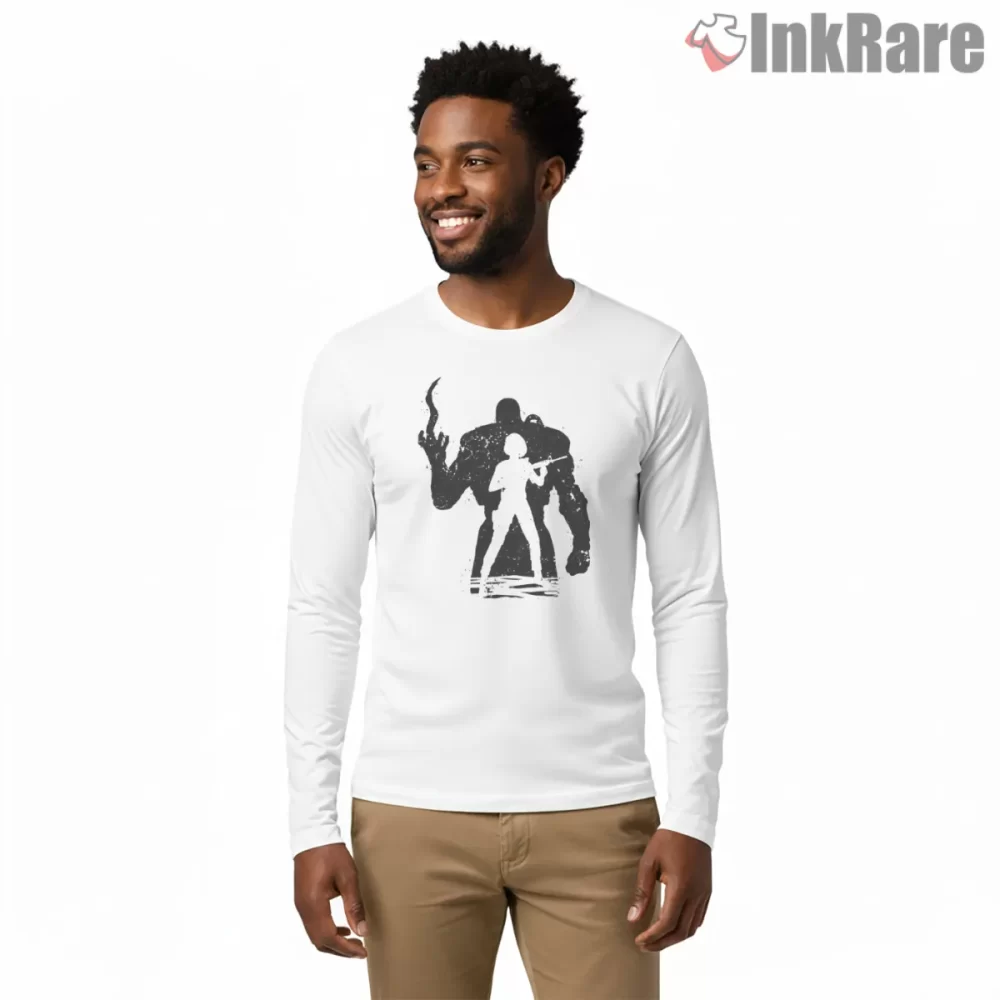 Resident Evil Jill Valentine Versus Nemesis Shadow Shirt on white long sleeve shirt for men graphic tee