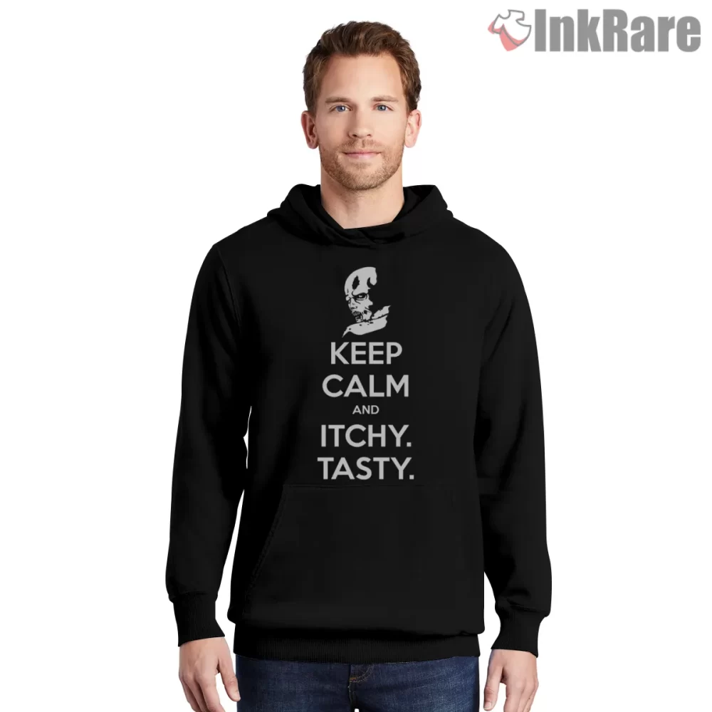 Resident Evil Keep Calm Itchy Tasty Shirt on black hoodie for men graphic tee