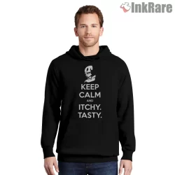 Resident Evil Keep Calm Itchy Tasty Shirt on black hoodie for men graphic tee