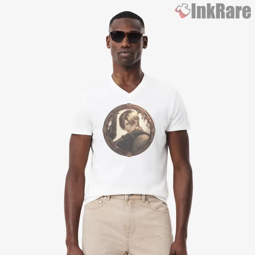 Resident Evil Leon Kennedy Medallion Portrait Shirt on white v-neck shirt for men graphic tee