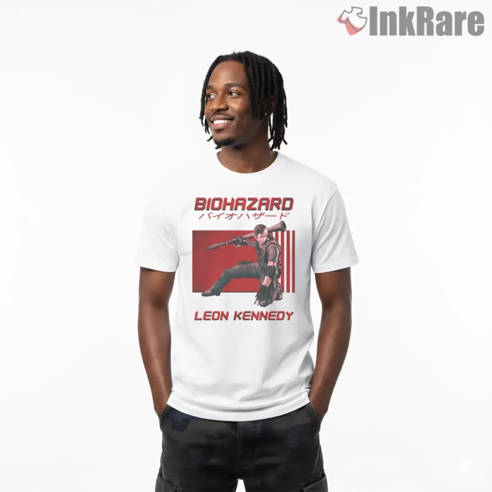 Resident Evil Leon Kennedy Retro Classic Shirt on white short sleeve shirt for men graphic tee