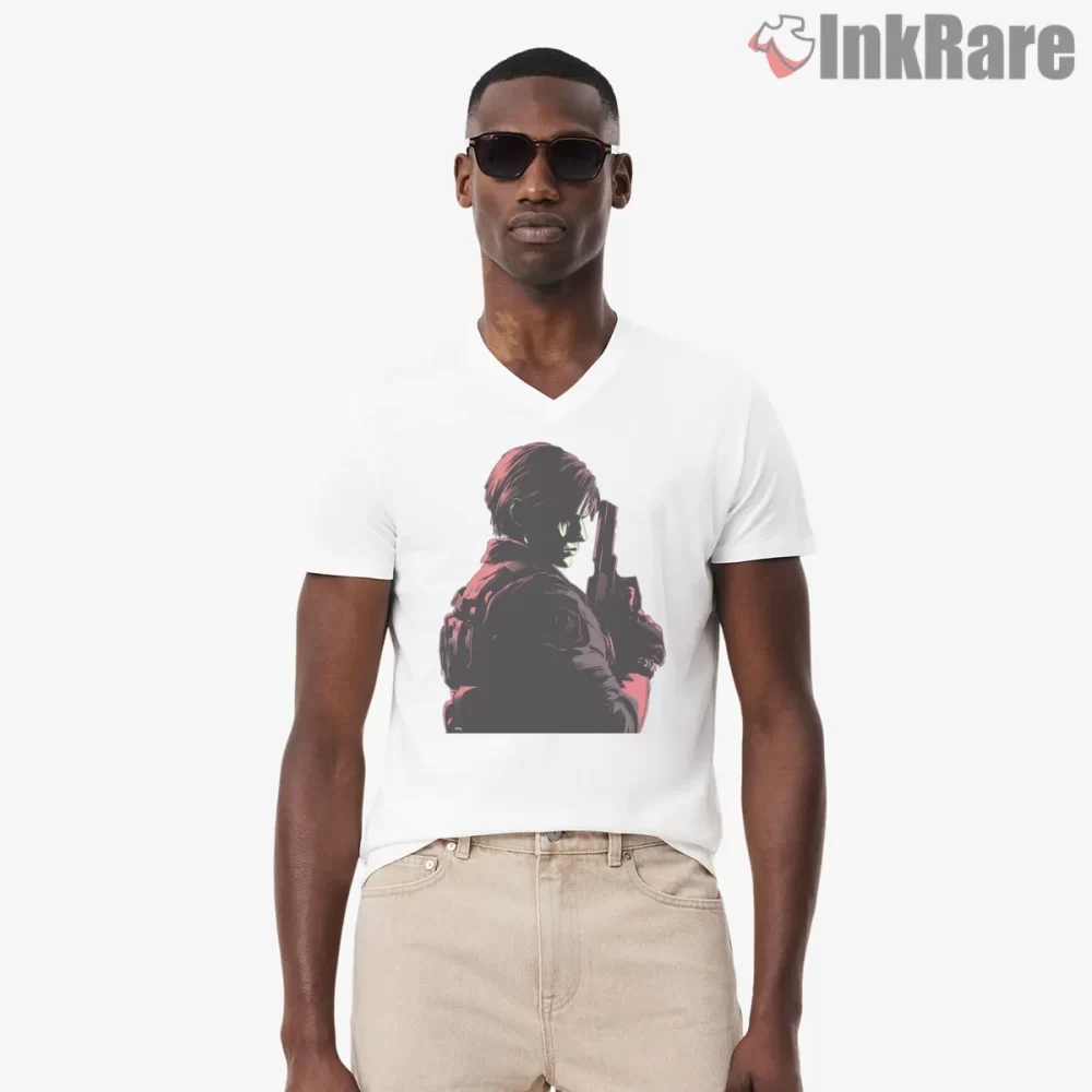 Resident Evil Leon Kennedy Shadow Action Shirt on white v-neck shirt for men graphic tee