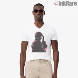 Resident Evil Leon Kennedy Shadow Action Shirt on white v-neck shirt for men graphic tee