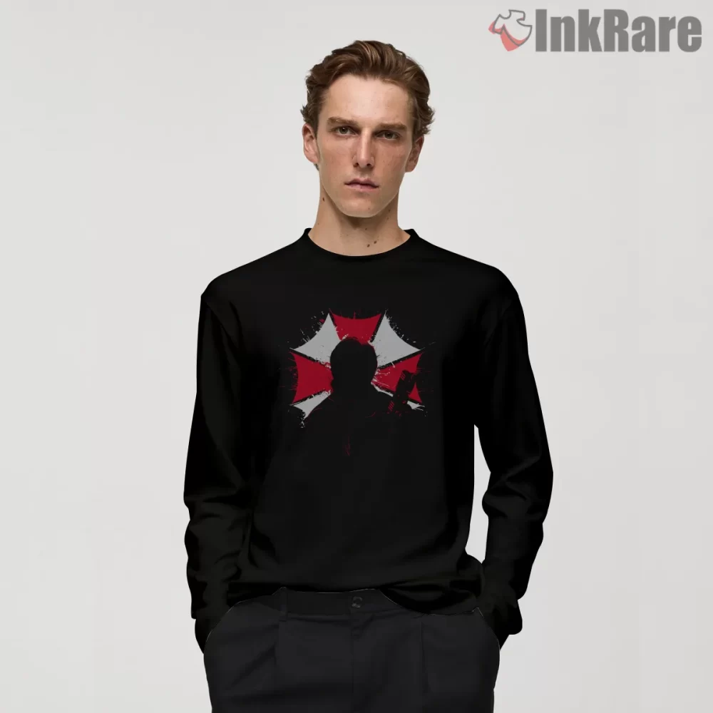 Resident Evil Leon Kennedy Shadow Umbrella Art Shirt on black long sleeve shirt for men graphic tee