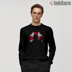 Resident Evil Leon Kennedy Shadow Umbrella Art Shirt on black long sleeve shirt for men graphic tee