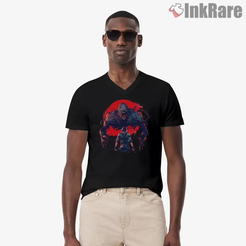 Resident Evil Monster Confrontation Horror Shirt on black v-neck shirt for men graphic tee