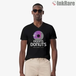 Resident Evil Moons Donuts Raccoon City Shirt on black v-neck shirt for men graphic tee
