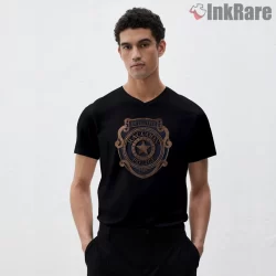 Resident Evil Raccoon City Detective Badge Shirt on black v-neck shirt for men graphic tee