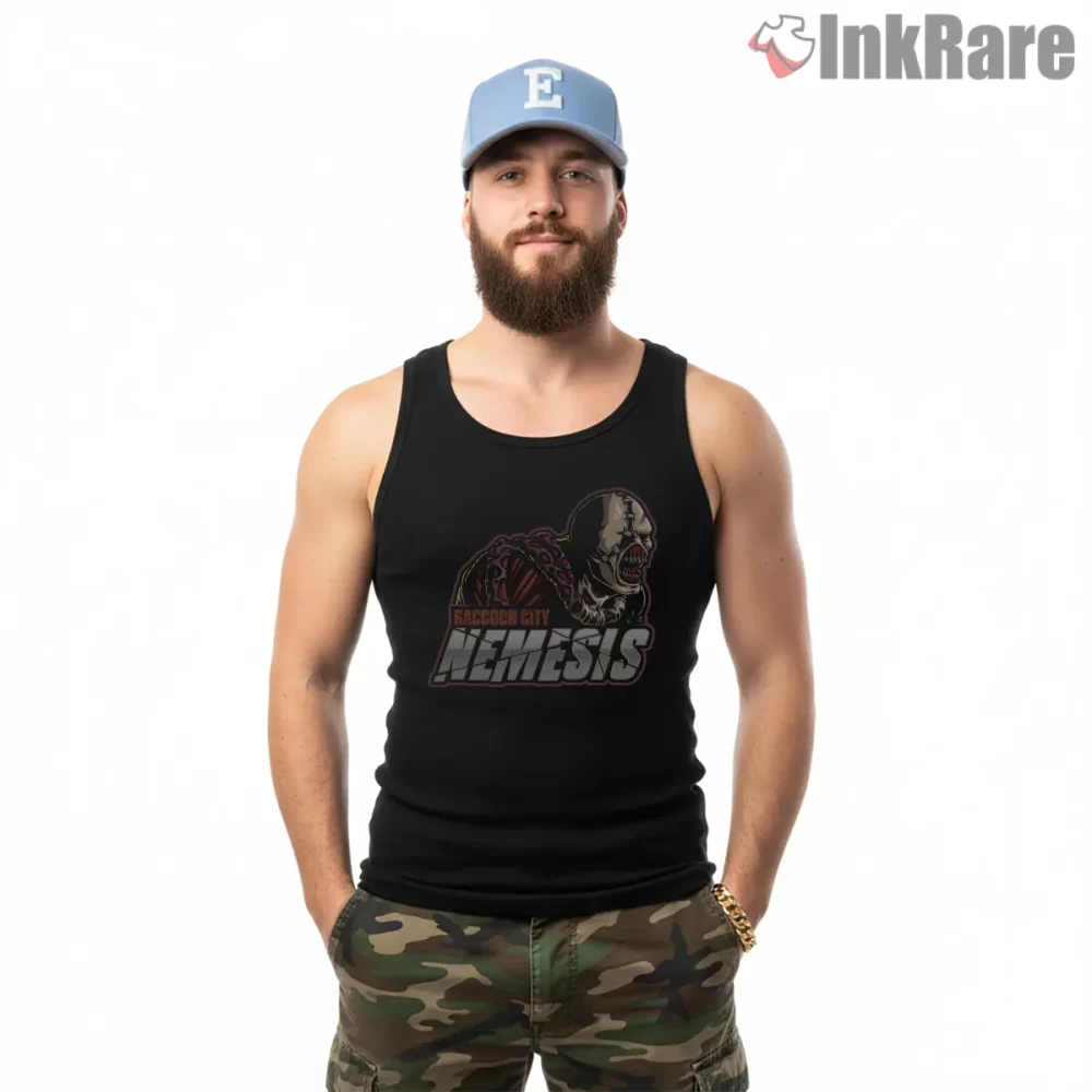 Resident Evil Raccoon City Nemesis Team Mascot Shirt on black tank top for men graphic tee