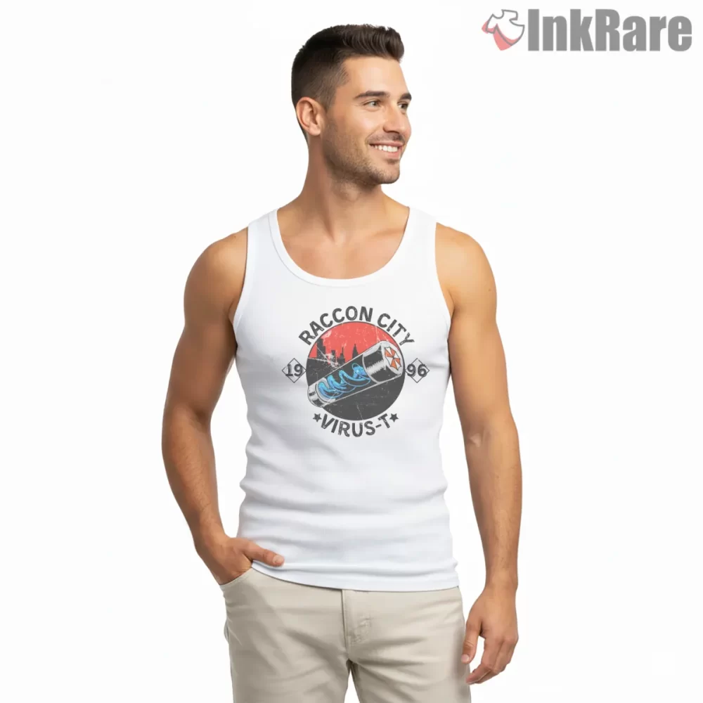 Resident Evil Raccoon City Virus Outbreak Emblem Shirt on white tank top for men graphic tee