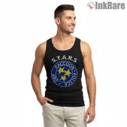 Resident Evil Raccoon Police Department Blue Badge Shirt on black tank top for men graphic tee