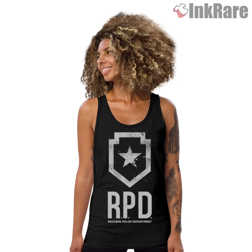 Resident Evil Raccoon Police Department Shield Shirt on black tank top for women graphic tee