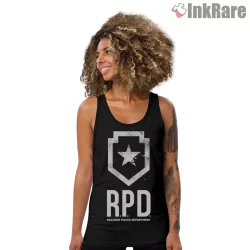 Resident Evil Raccoon Police Department Shield Shirt on black tank top for women graphic tee