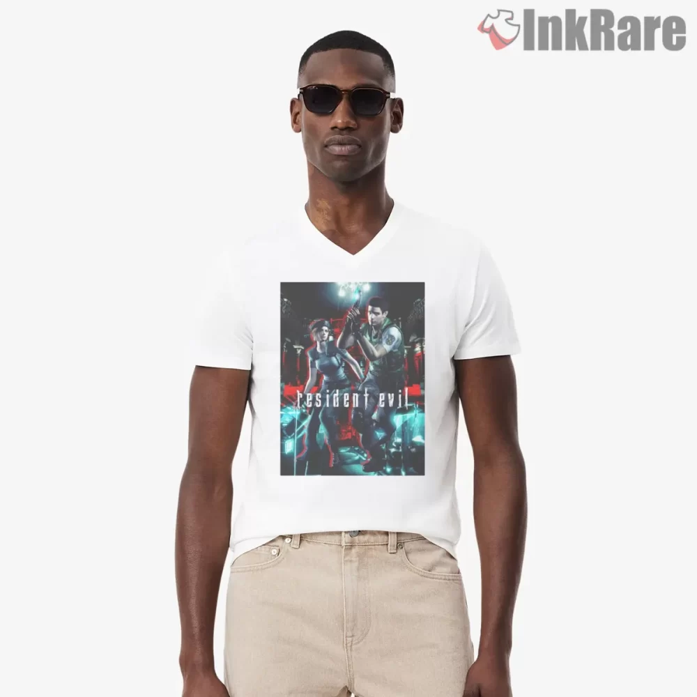 Resident Evil Remake Jill Valentine And Chris Redfield Shirt on white v-neck shirt for men graphic tee