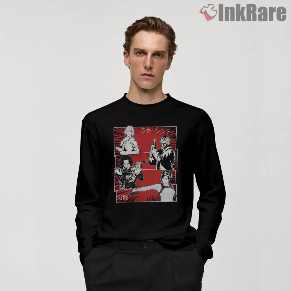 Resident Evil Retro Comic Panel Action Shirt on black long sleeve shirt for men graphic tee