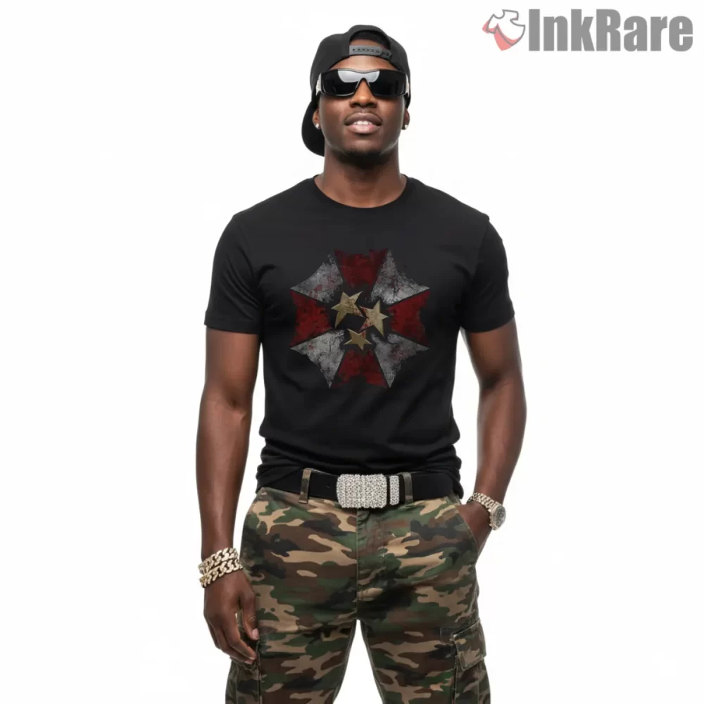 Resident Evil Stars Prevailed Emblem Shirt on black short sleeve shirt for men graphic tee