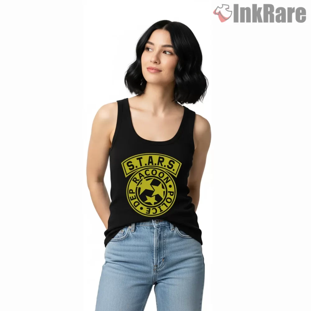 Resident Evil Stars Raccoon Police Department Badge Shirt on black tank top for women graphic tee