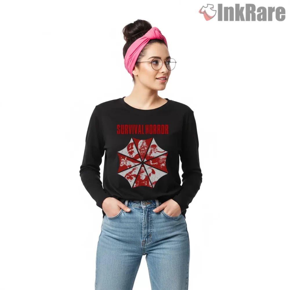 Resident Evil Survival Horror Blood Stained Umbrella Shirt on black long sleeve shirt for women graphic tee