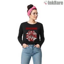 Resident Evil Survival Horror Blood Stained Umbrella Shirt on black long sleeve shirt for women graphic tee