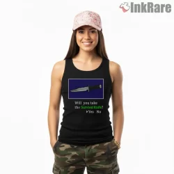 Resident Evil Survival Knife Choice Screen Shirt on black tank top for women graphic tee
