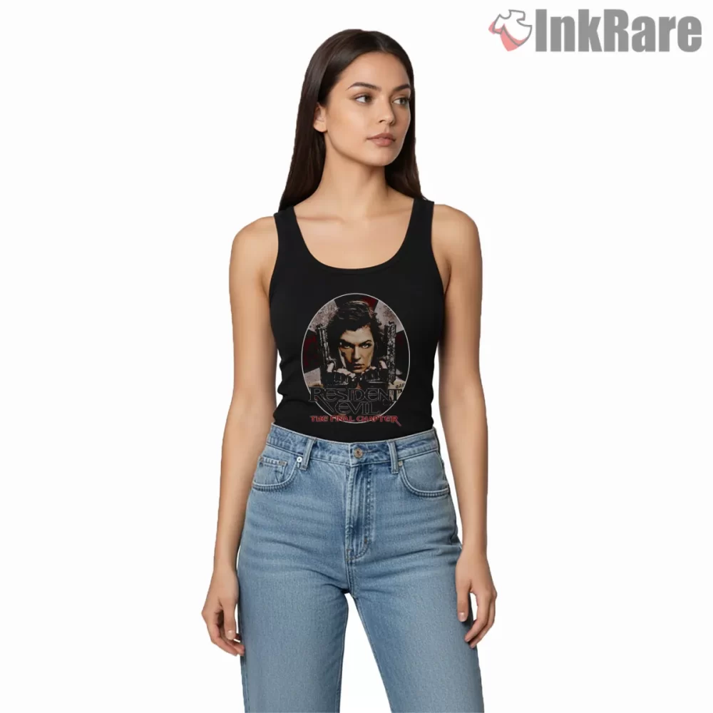 Resident Evil The Final Chapter Character Portrait Shirt on black tank top for women graphic tee