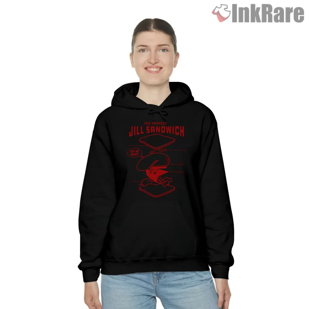 Resident Evil The Perfect Jill Sandwich Joke Shirt on black hoodie for women graphic tee