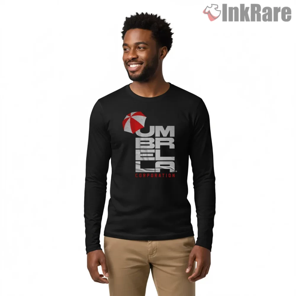 Resident Evil Umbrella Corporation Bold Logo Shirt on black long sleeve shirt for men graphic tee