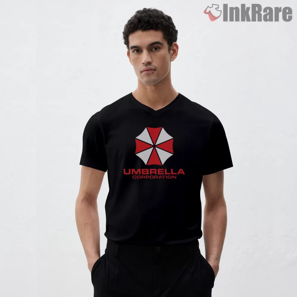 Resident Evil Umbrella Corporation Clean Logo Shirt on black v-neck shirt for men graphic tee