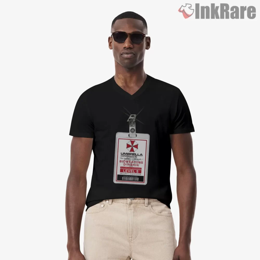 Resident Evil Umbrella Corporation Id Access Pass Shirt on black v-neck shirt for men graphic tee