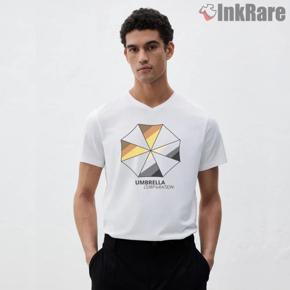 Resident Evil Umbrella Corporation Pride Emblem Shirt on white v-neck shirt for men graphic tee