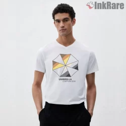 Resident Evil Umbrella Corporation Pride Emblem Shirt on white v-neck shirt for men graphic tee