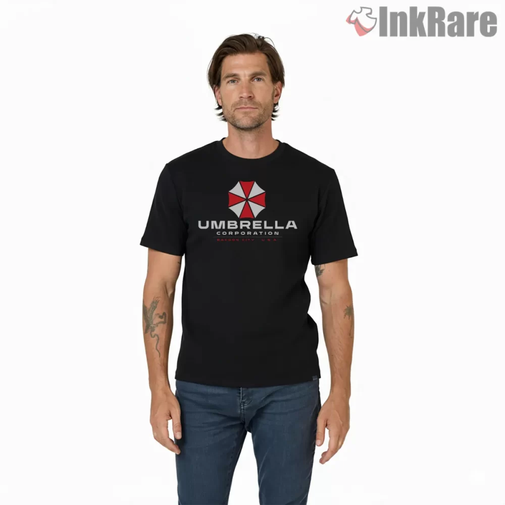 Resident Evil Umbrella Corporation Raccoon City Shirt on black short sleeve shirt for men graphic tee