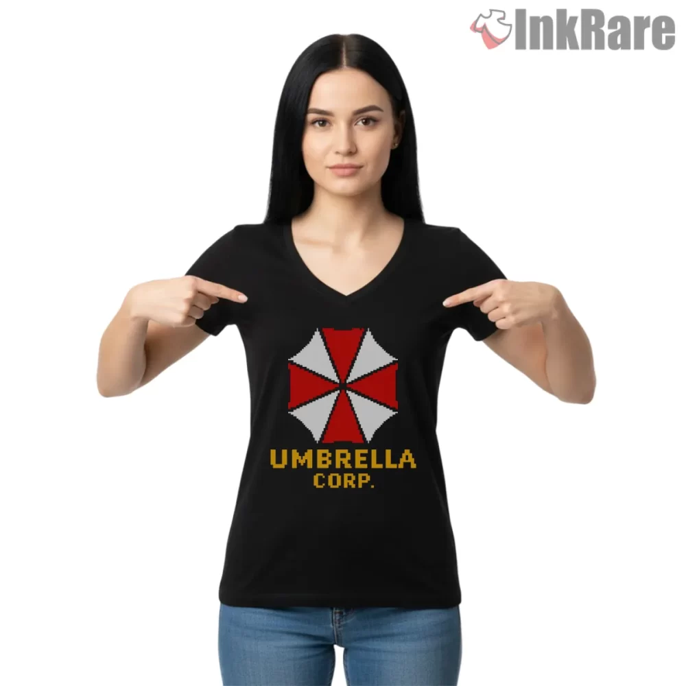 Resident Evil Umbrella Corporation Retro Pixel Logo Shirt on black v-neck shirt for women graphic tee