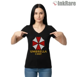 Resident Evil Umbrella Corporation Retro Pixel Logo Shirt on black v-neck shirt for women graphic tee