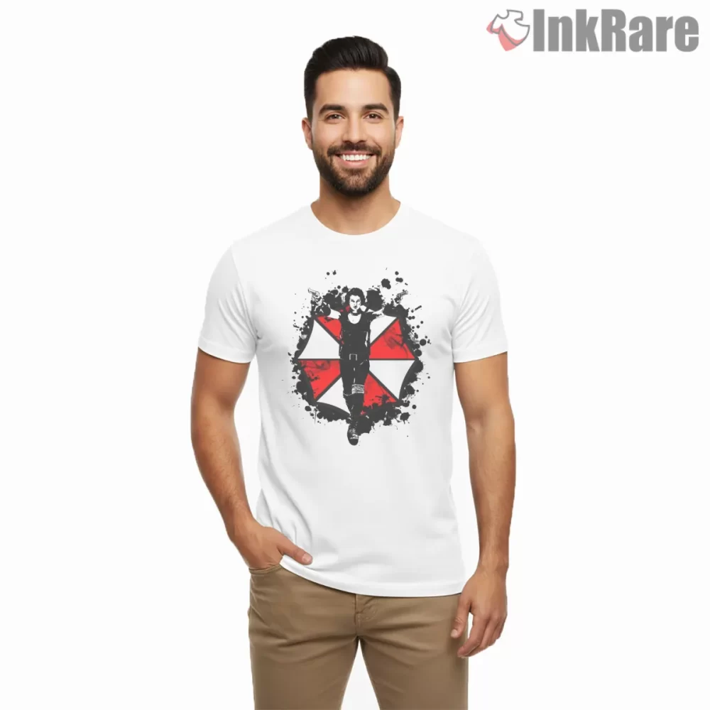 Resident Evil Umbrella Corporation Survivor Emblem Shirt on white short sleeve shirt for men graphic tee