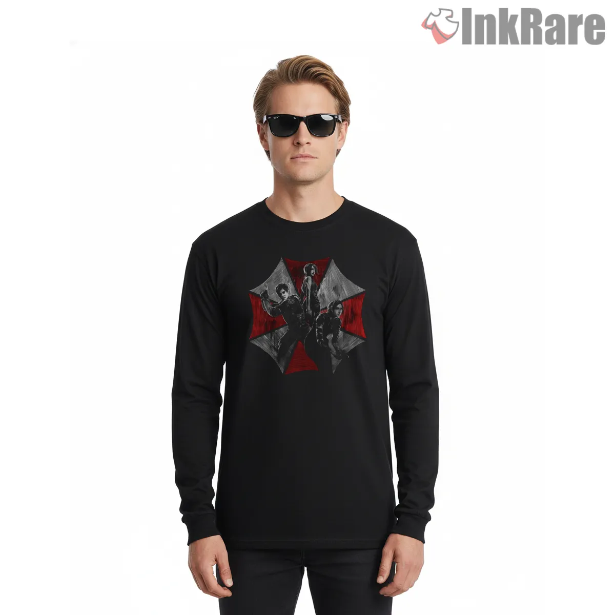 Resident Evil Umbrella Corporation Survivor Montage Shirt on black long sleeve shirt for men graphic tee