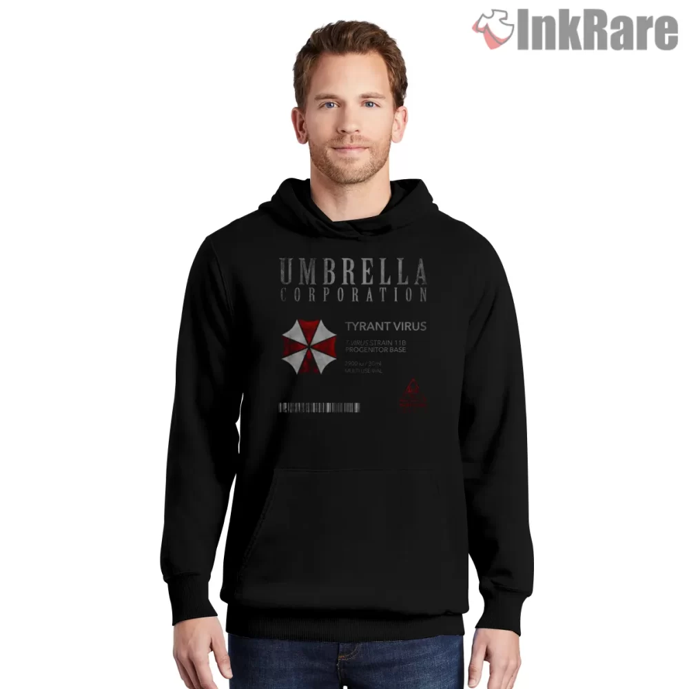 Resident Evil Umbrella Corporation Tyrant Virus Archive Shirt on black hoodie for men graphic tee