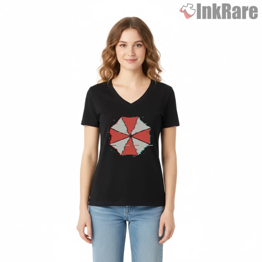 Resident Evil Umbrella Glitch Signal Shirt on black v-neck shirt for women graphic tee
