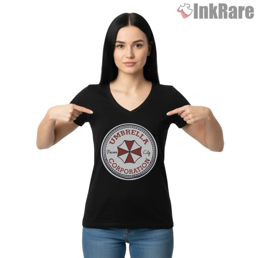 Resident Evil Umbrella Raccoon City All Star Shirt on black v-neck shirt for women graphic tee