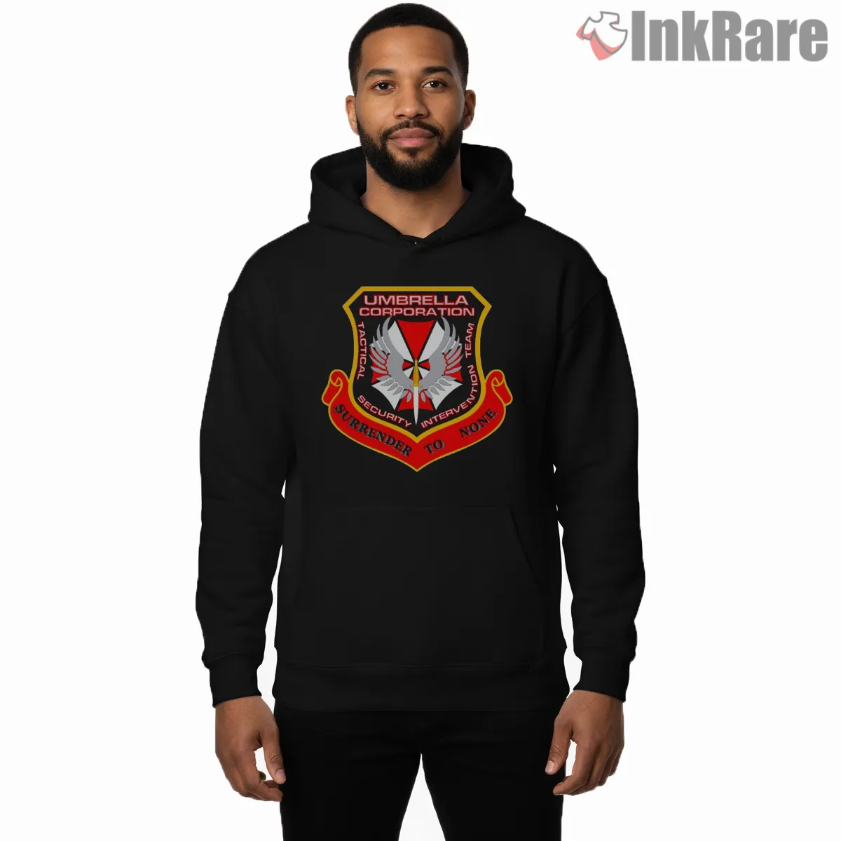 Resident Evil Umbrella Tactical Security Crest Shirt on black hoodie for men graphic tee