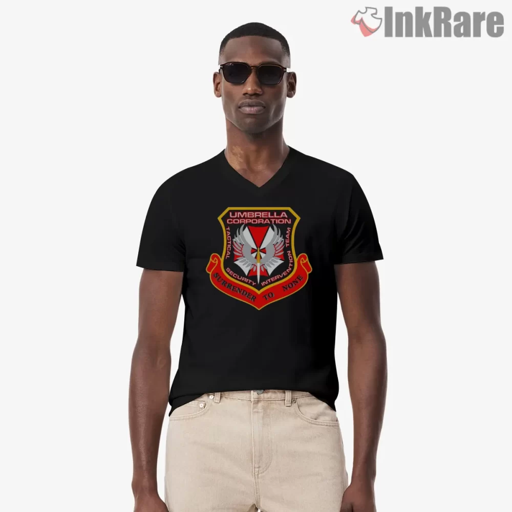 Resident Evil Umbrella Tactical Security Crest Shirt on black v-neck shirt for men graphic tee