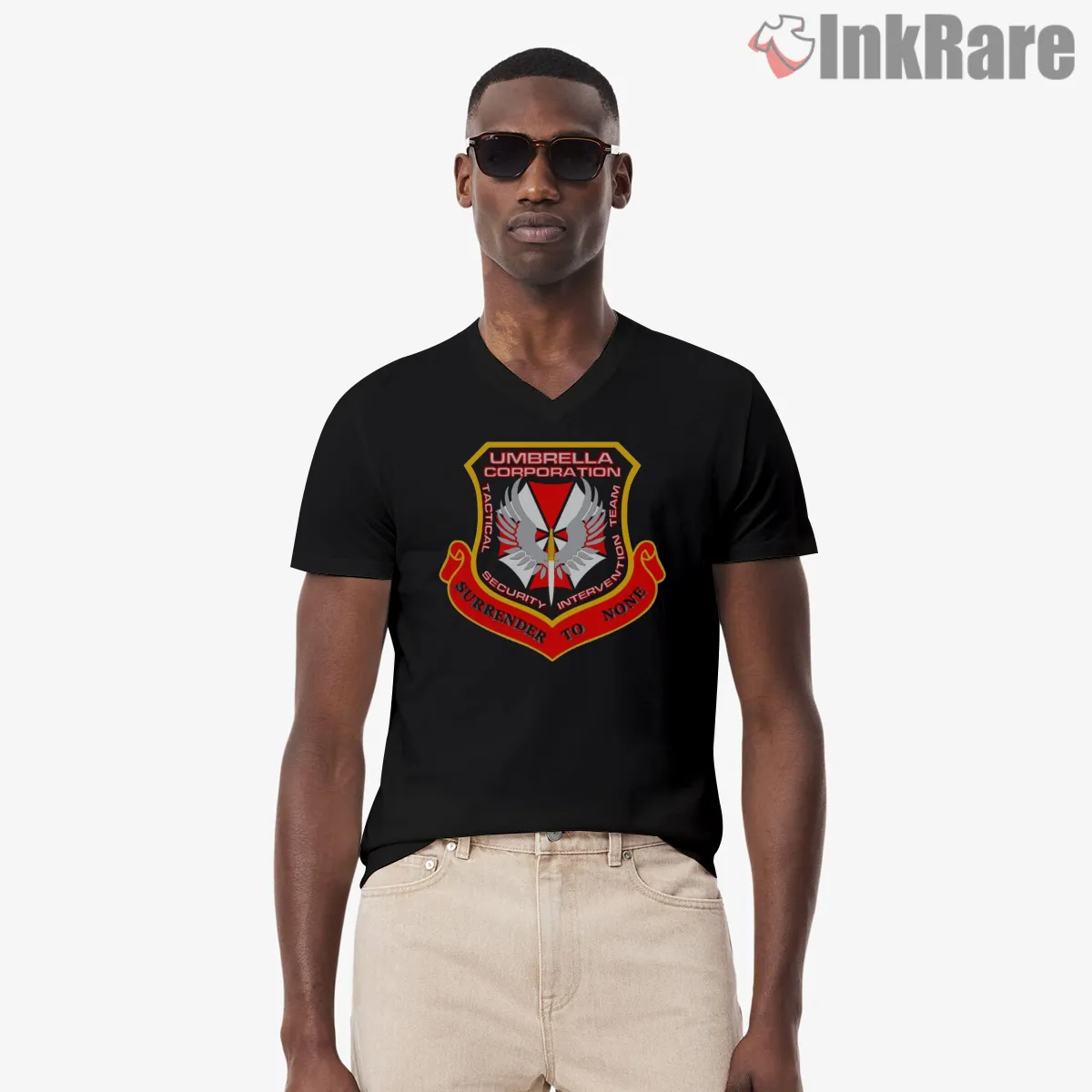 Resident Evil Umbrella Tactical Security Crest V Neck Black Resident Evil Umbrella Tactical Security Crest Shirt on black v-neck shirt for men graphic tee