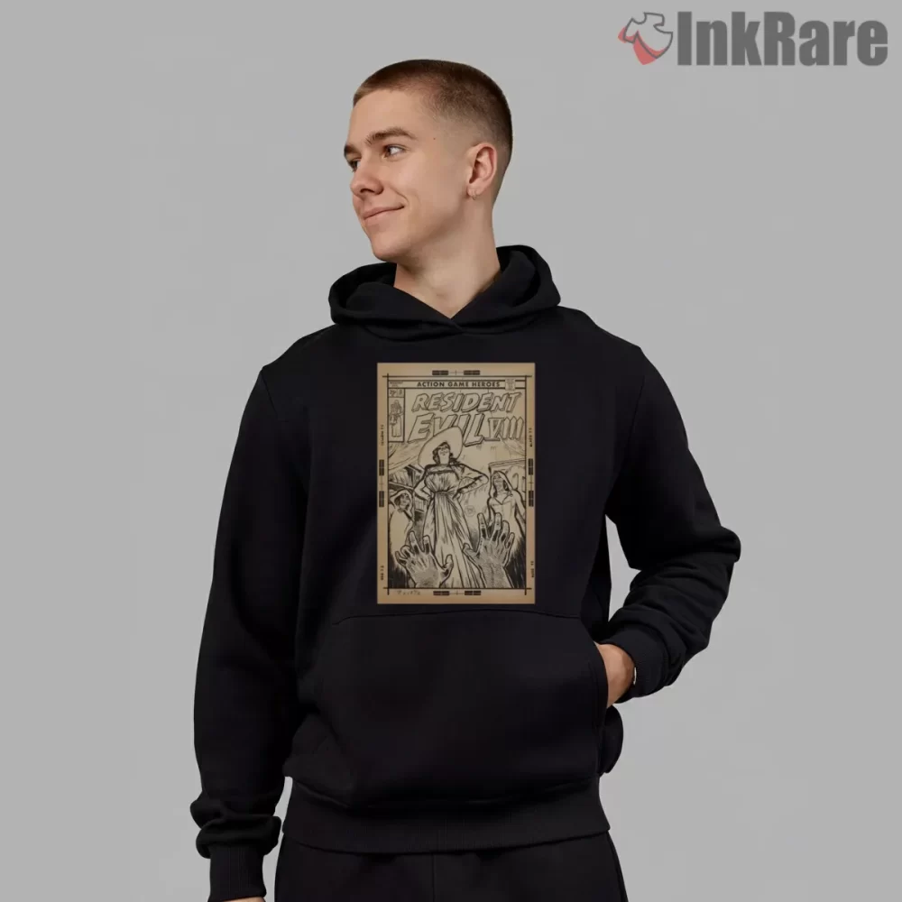 Resident Evil Village Comic Cover Line Art Shirt on black hoodie for men graphic tee